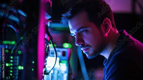 Focused Male Technician Analyzing Data in a Dark Server Room Surrounded by Colorful Lights and Digital Equipment for Technology Content Creation photo