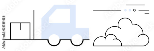 Delivery truck carrying a large box driving quickly on a road beside a cloud and three lines showing speed. Ideal for logistics, transportation, shipping, delivery services, speed, efficiency