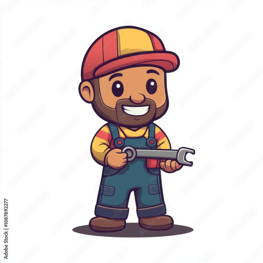 Fototapeta premium Cheerful cartoon mechanic, a young man with a beard, holding a wrench, dressed in colorful overalls and a cap.