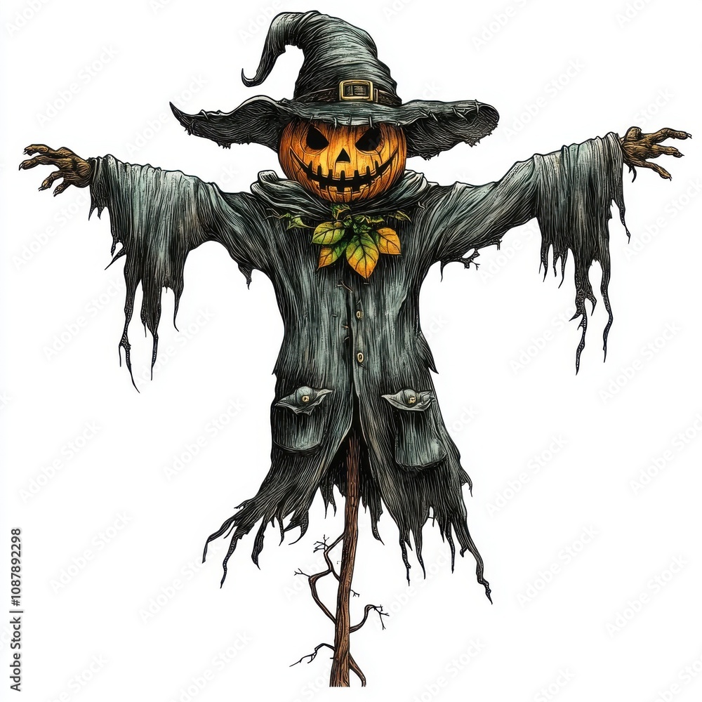 Fototapeta premium A whimsical scarecrow with a carved pumpkin head, wearing a tattered cloak, creating a spooky Halloween vibe.
