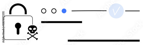 Lock symbol next to skull, confirmation checkmark, and horizontal lines. Ideal for cybersecurity, online safety, hacking alerts, data protection, antivirus secure access IT security. Line metaphor