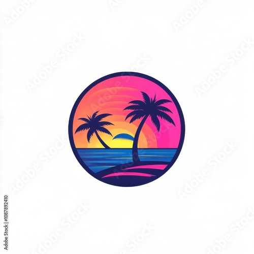 A vibrant sunset scene featuring palm trees silhouetted against a colorful gradient sky.