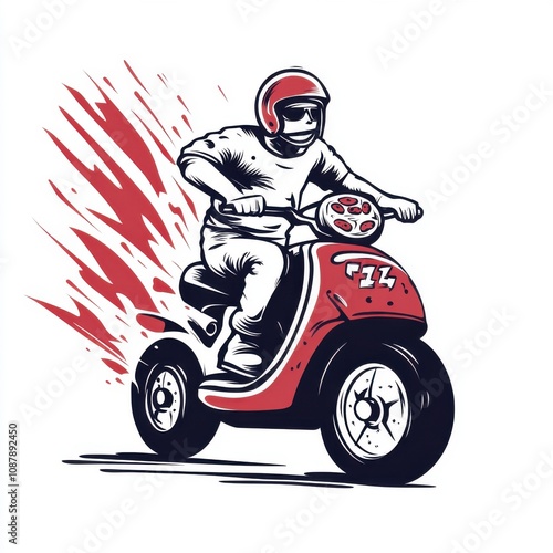 A dynamic illustration of a male rider on a red scooter, bursting with energy and speed, showcasing excitement and motion. photo