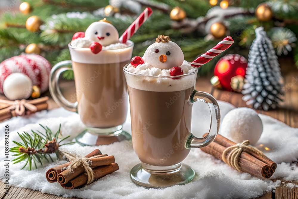 Two glasses of hot cacao with cookies at a Christmas market illuminated at night in december Two glasses of hot cacao with cookies at a Christmas market illuminated at night in december