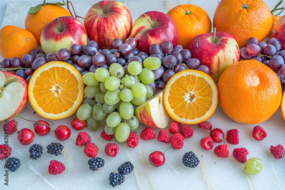 A colorful display of various fruits on a table, perfect for advertising or decorating A colorful display of various fruits on a table, perfect for advertising or decorating