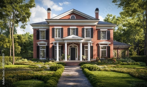 Elegant two-story brick house with a well-maintained garden and manicured lawn, featuring a paved walkway leading to the front entrance with white columns and black shutters.