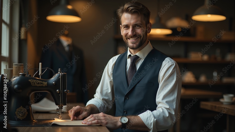 A skilled tailor smiles while crafting elegant suits in a warm and stylish workshop A skilled tailor smiles while crafting elegant suits in a warm and stylish workshop