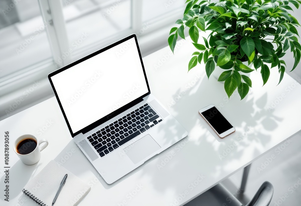Fototapeta premium Laptop with blank screen, smartphone, coffee and plant on white desk