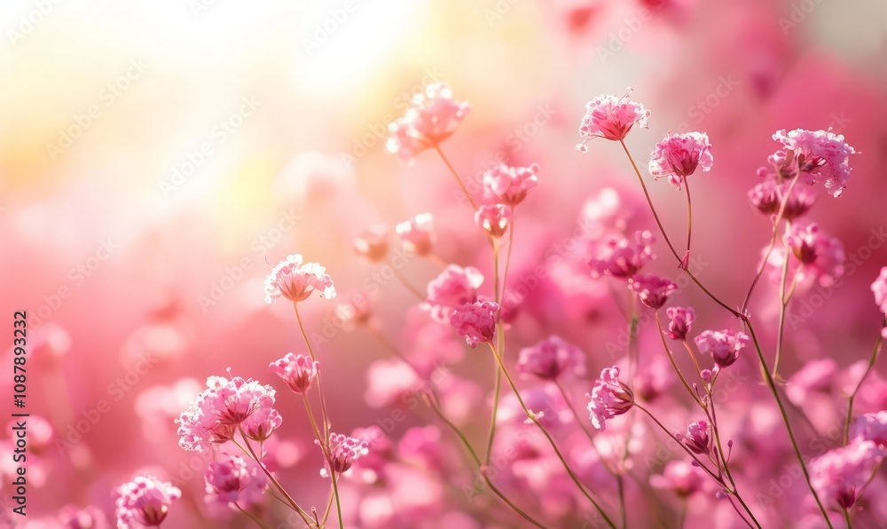 Obraz premium Close up of pink baby's breath flowers. Tender gypsophila flowers background with sun light