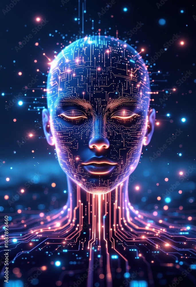 Artificial intelligence forming a woman face and connecting to circuit board Artificial intelligence forming a woman face and connecting to circuit board