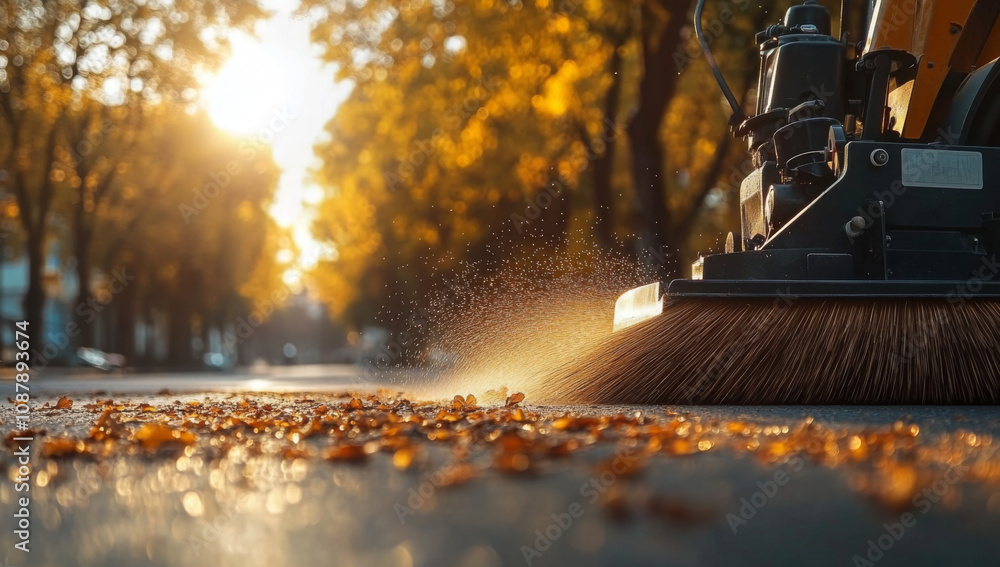 Street sweeper cleaning road at sunset, dust and debris flying
Street sweeper cleaning road at sunset, dust and debris flying