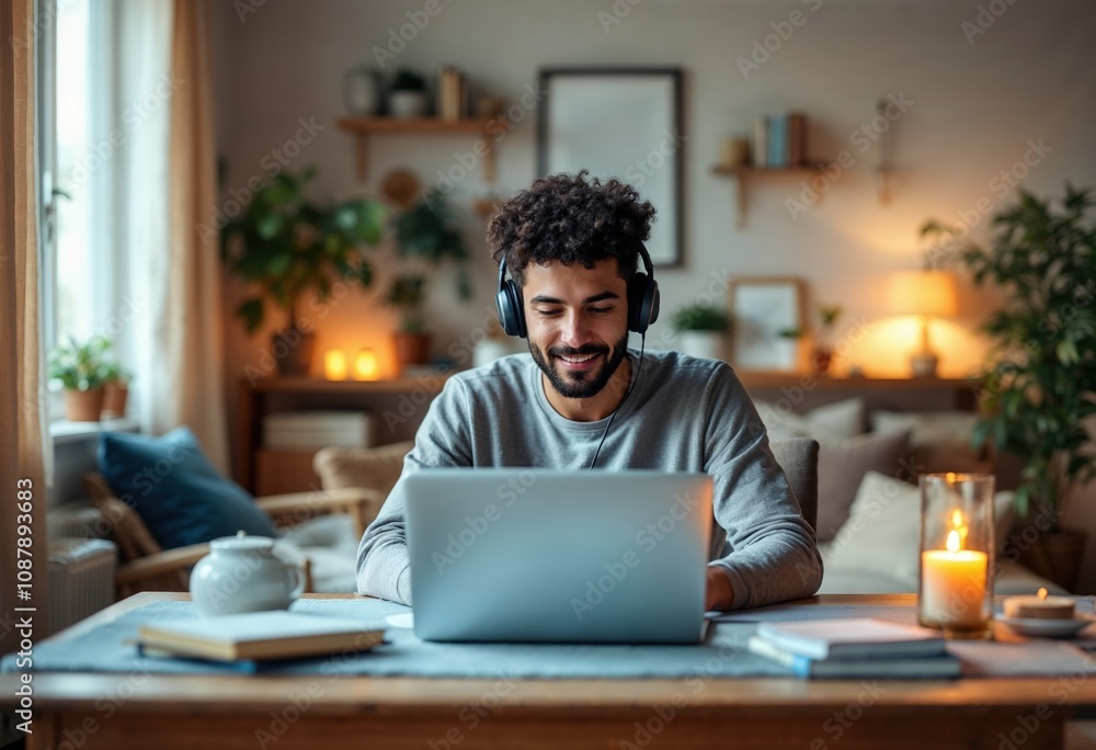 Young man working from home using laptop and headphones smiling at night Young man working from home using laptop and headphones smiling at night