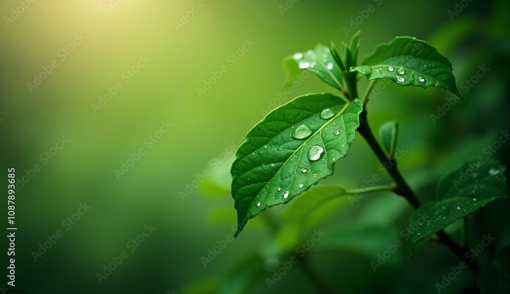 Close-up of fresh green leaves with water droplets, showcasing natural beauty and vitality in a serene environment. Close-up of fresh green leaves with water droplets, showcasing natural beauty and vitality in a serene environment.