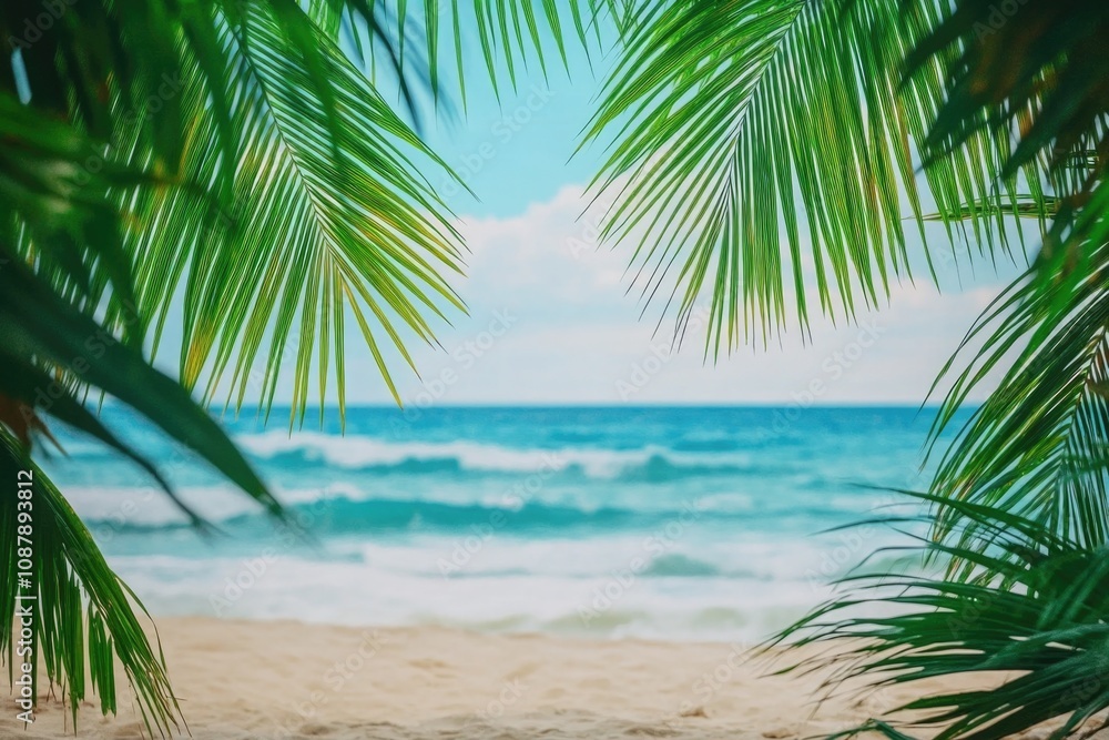 A serene ocean view peeking through palm leaves, perfect for travel or nature-themed designs A serene ocean view peeking through palm leaves, perfect for travel or nature-themed designs