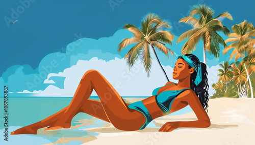 Young African American woman in swimsuit relaxing on beach on tropical island under palm trees, vacation concept, hand drawn modern style