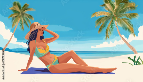 Young woman in swimsuit relaxing on the beach on a tropical island under palm trees, vacation concept, hand drawn modern style