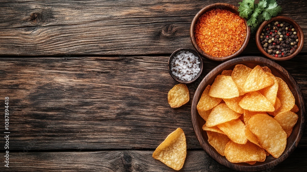 Crispy potato chips in bowl with spices on wooden background. Crispy potato chips in bowl with spices on wooden background.