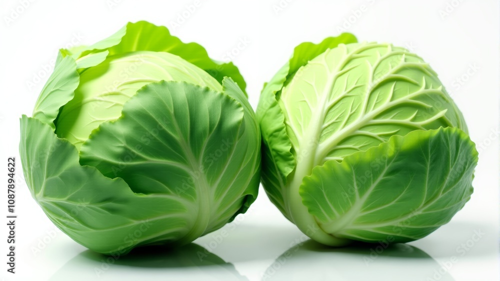Fresh and vibrant green cabbages arranged on a clean white background, showcasing natural beauty Fresh and vibrant green cabbages arranged on a clean white background, showcasing natural beauty