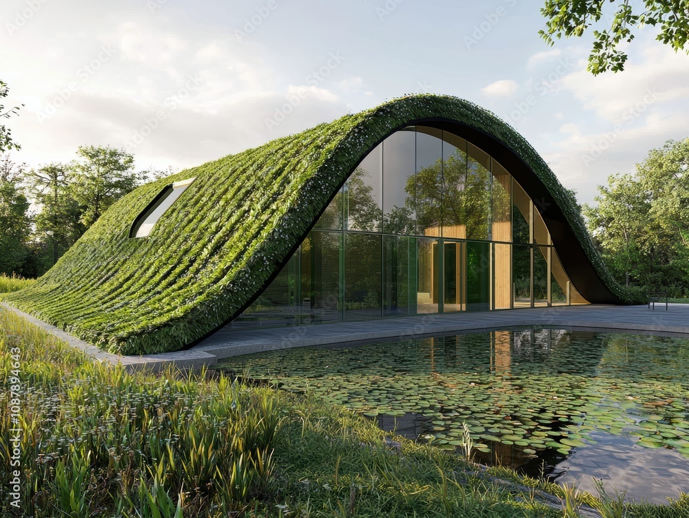 Fototapeta premium Modern Eco-Friendly House with Green Roof Surrounded by Lush Nature and Serene Water Features, Showcasing Sustainable Architecture and Design Principles