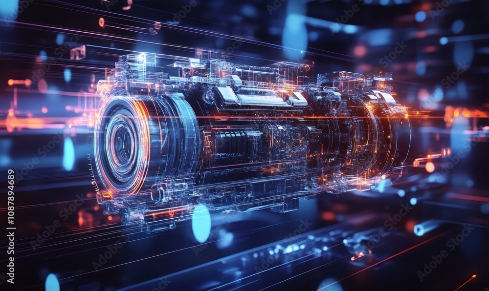 Fototapeta premium Engine optimization process visualized through light trails and floating geometric shapes