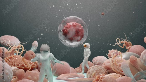 Scaled-down scientists in spacesuits explore a surreal microcosm or another dimension, A living cell with a pulsating nucleus, a biological concept.