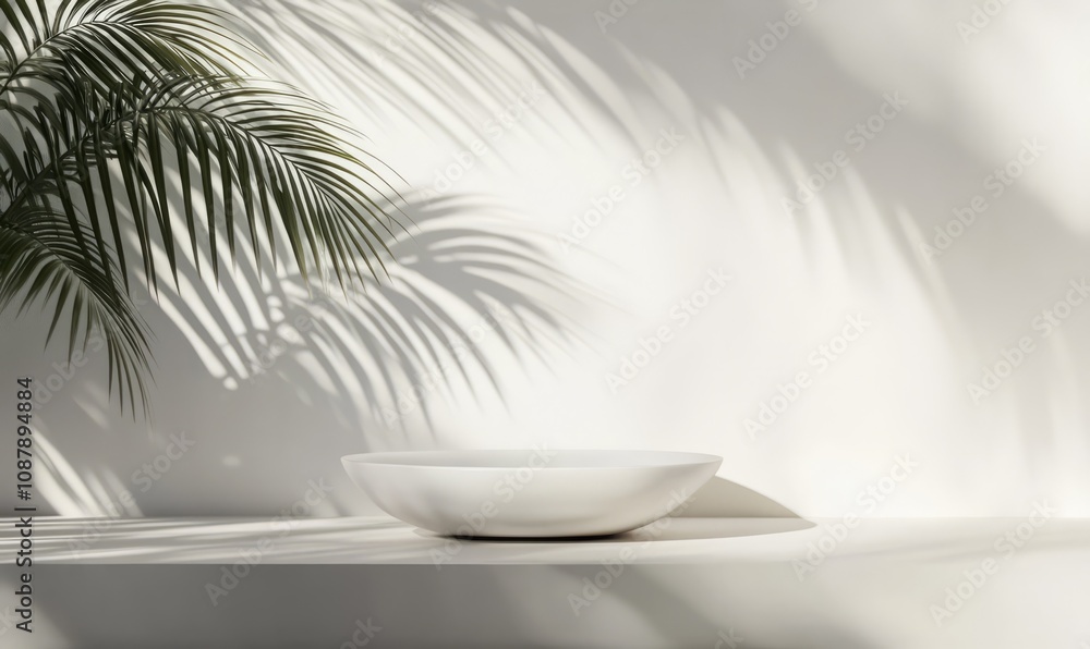 Blank minimal white counter podium, soft beautiful dappled sunlight, tropical palm foliage leaf shadow on wall for luxury hygiene organic cosmetic Blank minimal white counter podium, soft beautiful dappled sunlight, tropical palm foliage leaf shadow on wall for luxury hygiene organic cosmetic