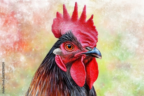 A close-up shot of a rooster's head with a bright red comb, perfect for animal or farm-themed projects photo