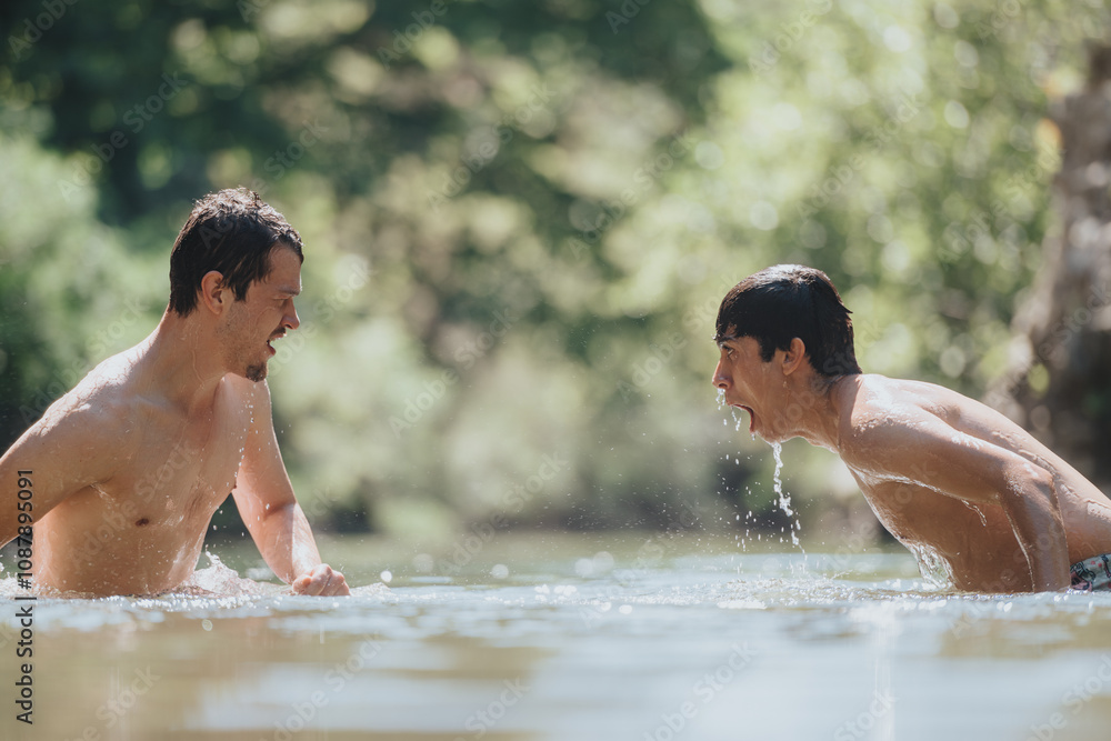 Two young men engage in a playful swim surrounded by nature, showcasing joy and spontaneity on a sunny day. Two young men engage in a playful swim surrounded by nature, showcasing joy and spontaneity on a sunny day.