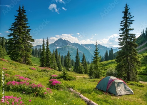 Wallpaper Mural Tranquil Meadow Campsite with Tent, Wildflowers, and Evergreen Trees in Alpine Landscape
 Torontodigital.ca