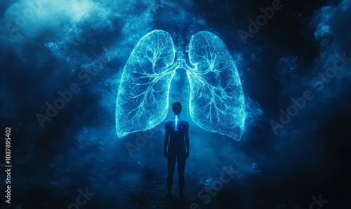 Blue glowing lungs inside a human silhouette, representing the importance of oxygen flow Oxygen and lungs, Vital respiratory function photo