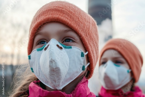 Two young girls wear face masks standing in front of a building, possibly on the way to school or heading out for an errand