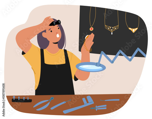 Young woman jeweler looking at pendant with open mouse and shock on face indicating defect