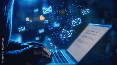 Modern Communication Technology Concept with Digital Mail Icons Emerging from Laptop and Hands Typing in Dark Environment