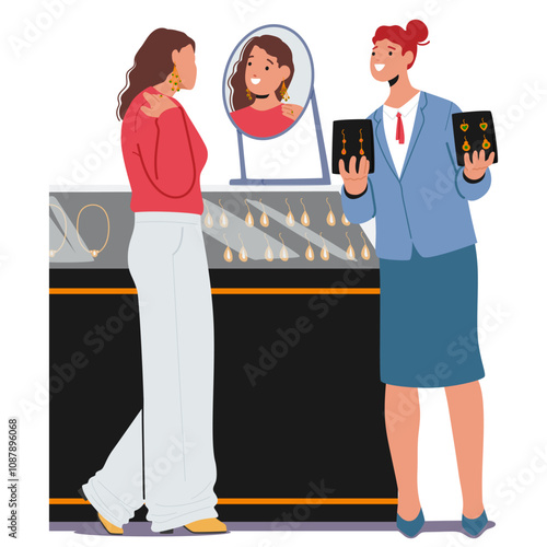Young attractive woman client character choosing golden earrings at luxury jewelry boutique
