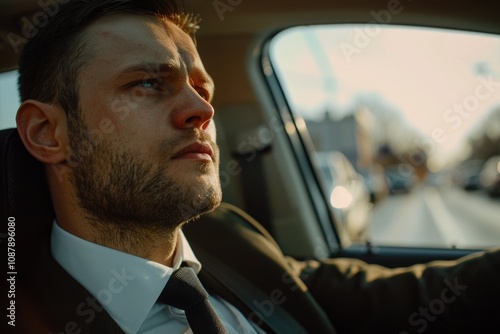 A person dressed in formal attire sits inside a vehicle