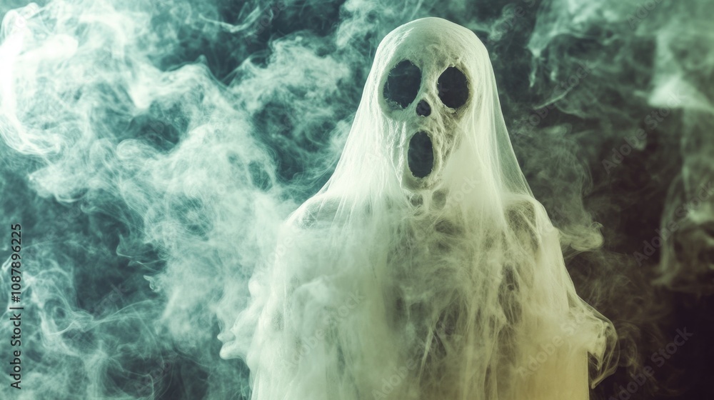 A ghostly figure emerges from thick smoke, its pale face and dark eyes visible A ghostly figure emerges from thick smoke, its pale face and dark eyes visible