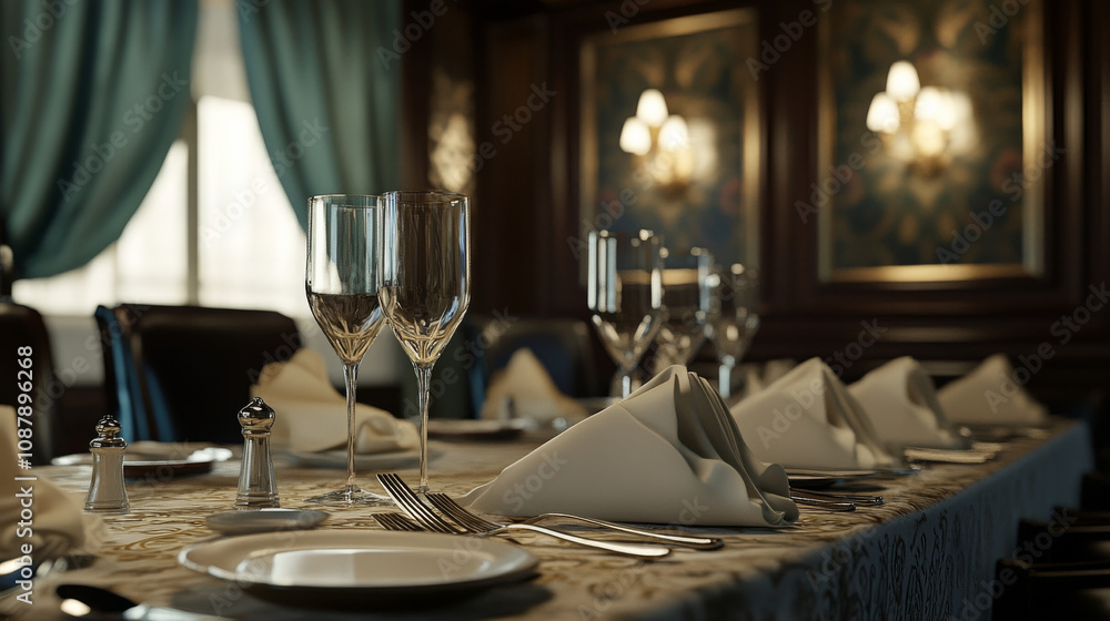 The tables elegant setting with neatly folded napkins and fine cutlery enhances the scene. The tables elegant setting with neatly folded napkins and fine cutlery enhances the scene.
