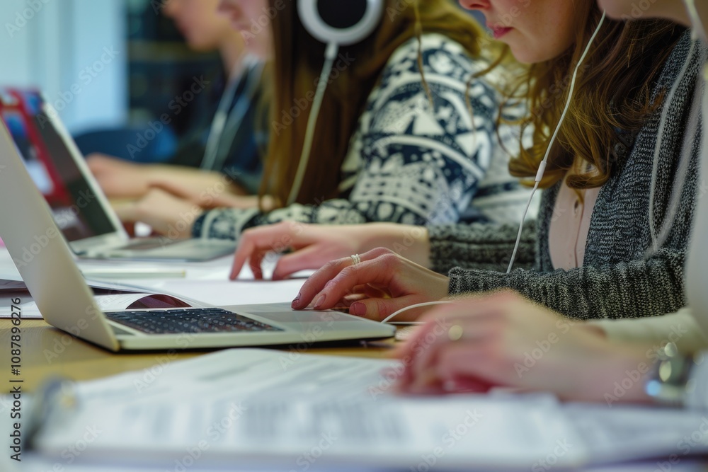 A group of people working on their laptops at a desk, possibly in an office or co-working space A group of people working on their laptops at a desk, possibly in an office or co-working space