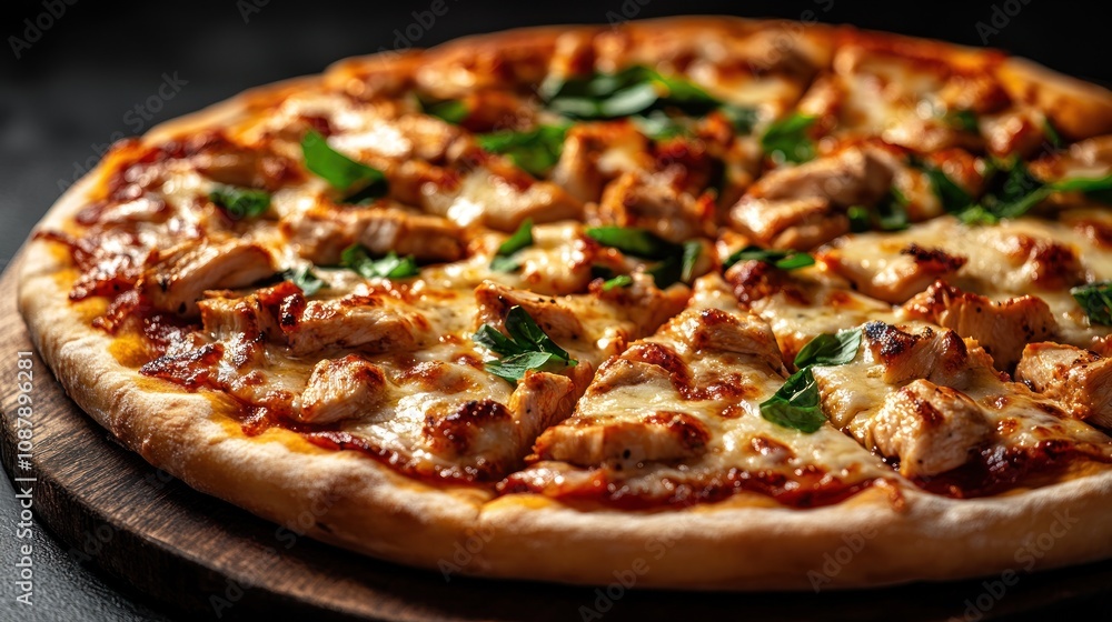 Delicious chicken pizza on wooden board. Delicious chicken pizza on wooden board.