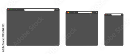 Blank web browser window design in dark mode isolated on white background. Browser mockup for computer, tablet and smartphone. Dark mode UI.