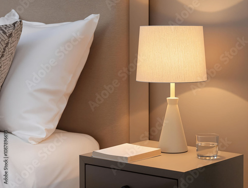 Minimalist table lamp with a fabric shade, placed on a bedside table with a book, a glass of water, and a cozy bedroom in the background