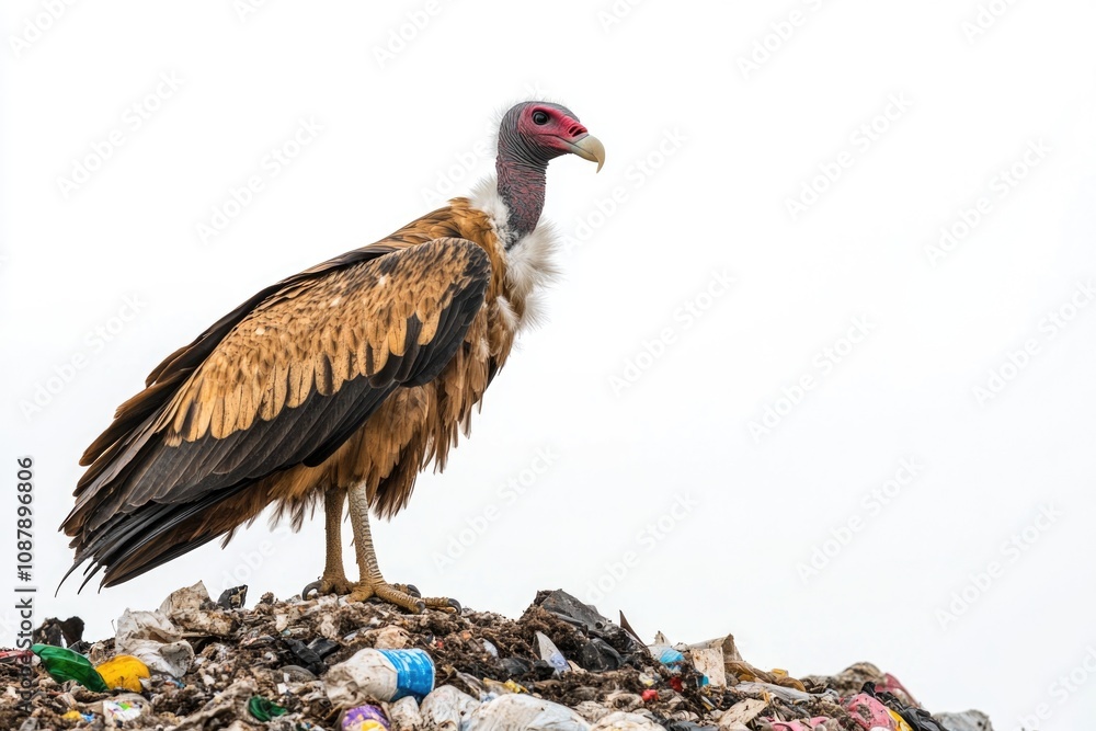 A large bird perches on top of a pile of garbage