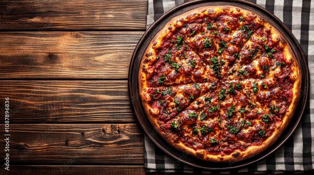 Delicious pizza on a wooden table. Delicious pizza on a wooden table.