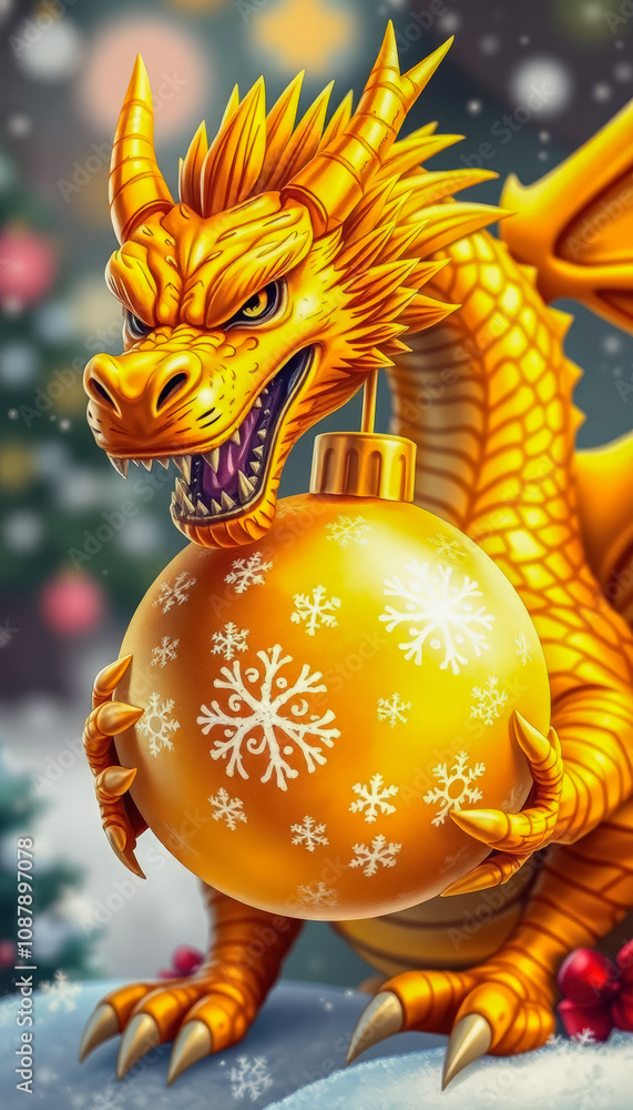 Fototapeta premium Golden Dragon Holding Yellow Christmas Ornament with Snowflakes