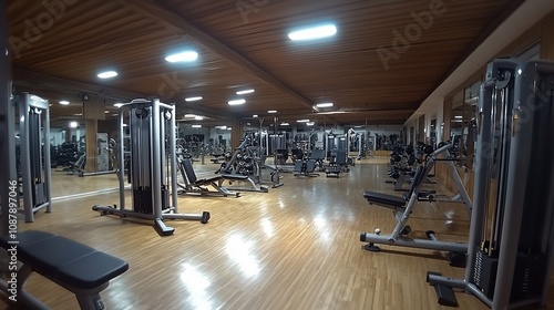 Spacious, well-equipped gym with various workout machines and wooden floors.