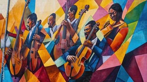 A colorful mural of musicians playing instruments on a city wall