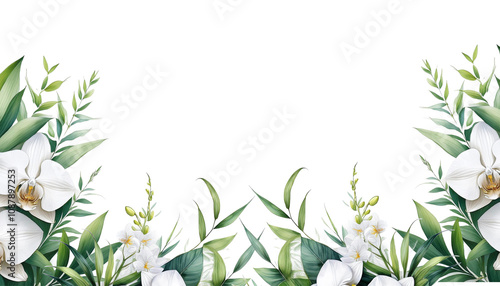 Watercolor Floral corner border White Orchids and Bamboo Leaves with Greenery for Elegant Wedding Cards