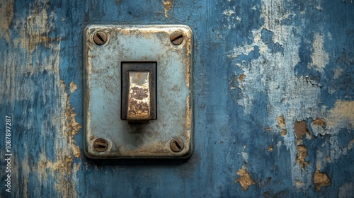 An old, weathered light switch on a blue, peeling wall.