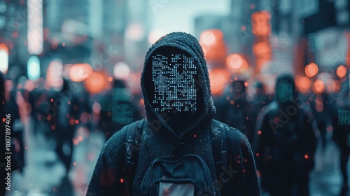 Mysterious Hooded Figure in Urban Environment Surrounded by Blurred People and Digital Elements, Symbolizing Technology, Identity, and Modern Society Challenges