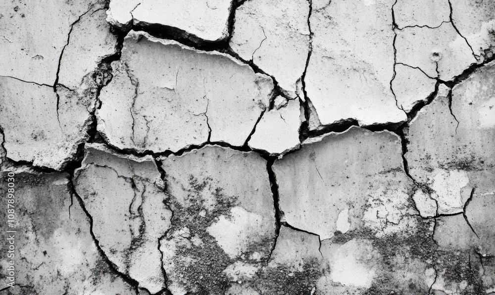 Close-up view of cracked concrete surface with visible fractures and weathered textures